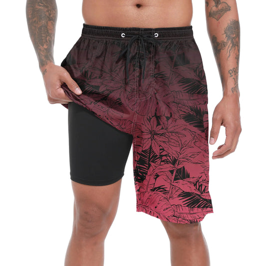 Maroon Leaf Dual-Layer Compression Swim Trunks