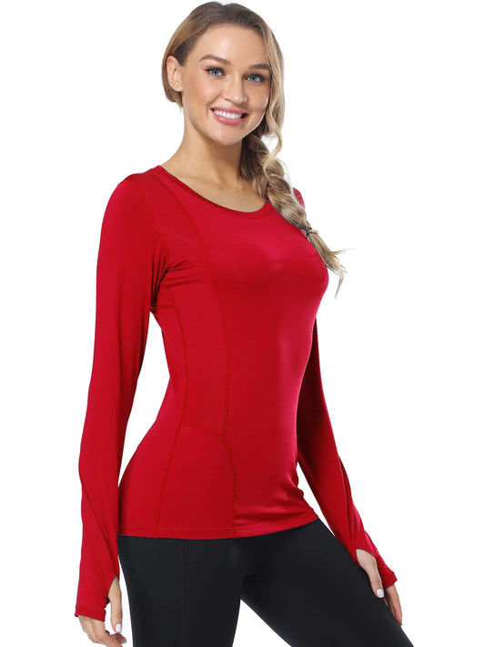 Elegant Moisture-Wicking Long Sleeve Athletic Top for Women in Red