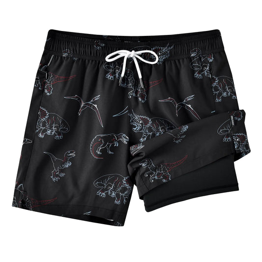 Gentlemen's Dinosaur Motif Compression-Lined Swim Trunks